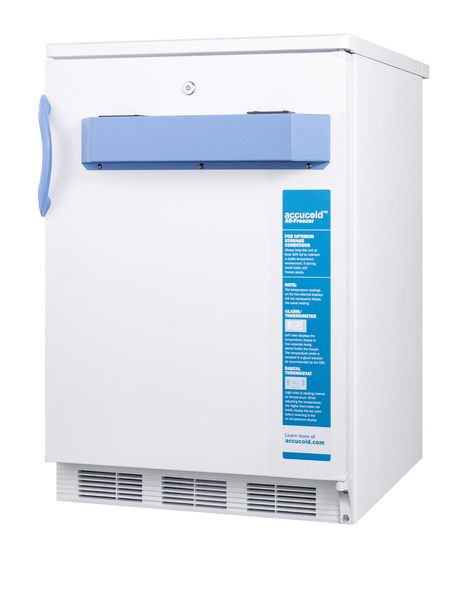 Built-in undercounter medical/scientific -25 C capable all-freezer with front control panel equipped with a digital thermostat and NIST calibrated thermometer/alarm